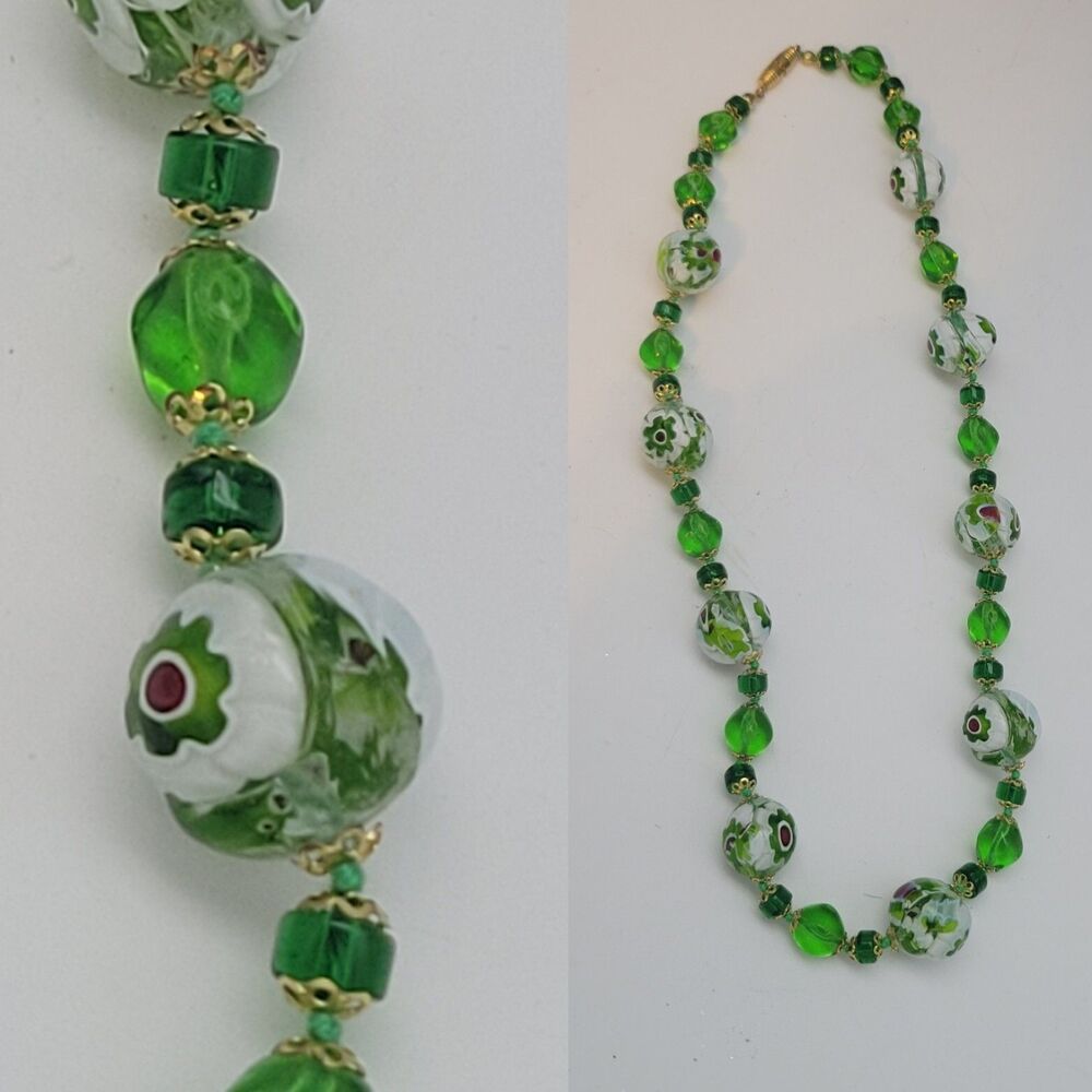 Vintage Venetian? Murano Style Milleflore Green Red Glass Necklace 21"